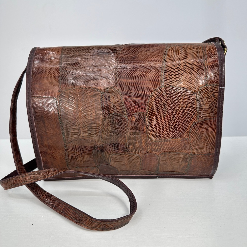 VTG Genuine Lizard Skin Patchwork Leather Crossbody Envelope Purse Bag M Brown
